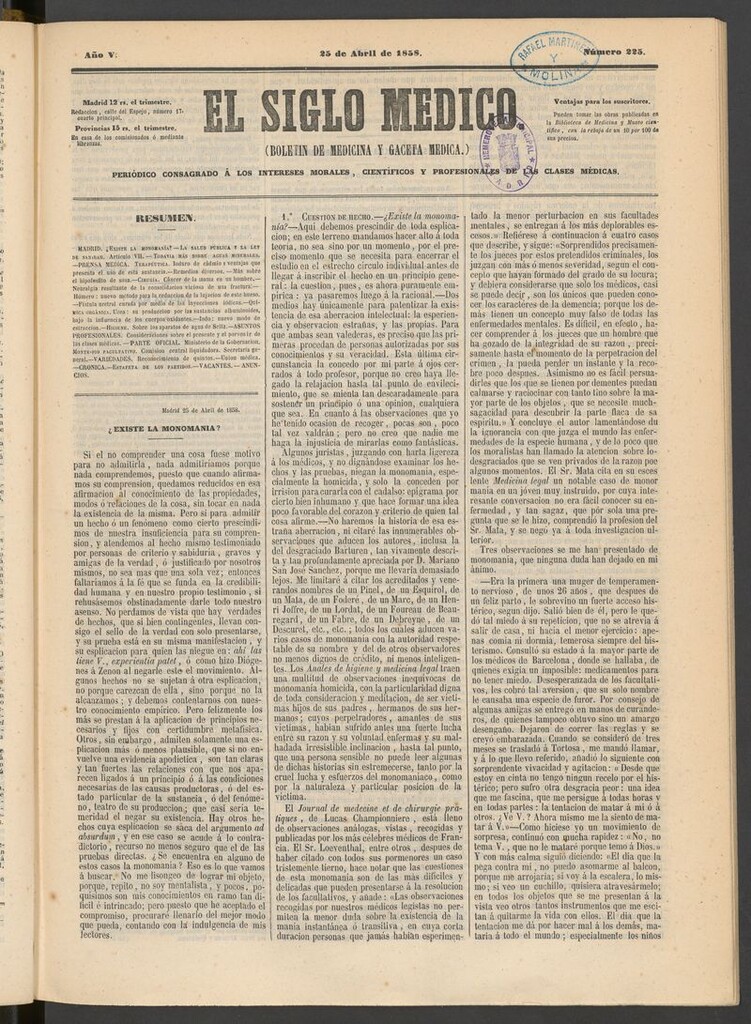 Miniatura de El Siglo Médico: boletín de medicina y gaceta médica del 25 de abril de 1858