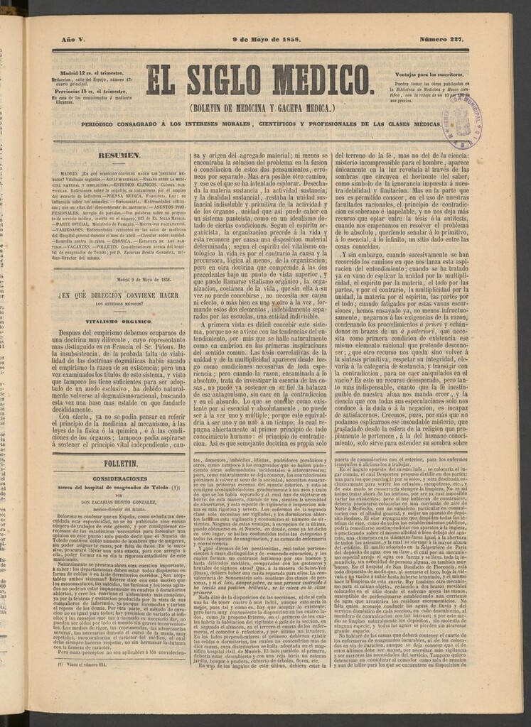 Miniatura de El Siglo Médico: boletín de medicina y gaceta médica del 9 de mayo de 1858