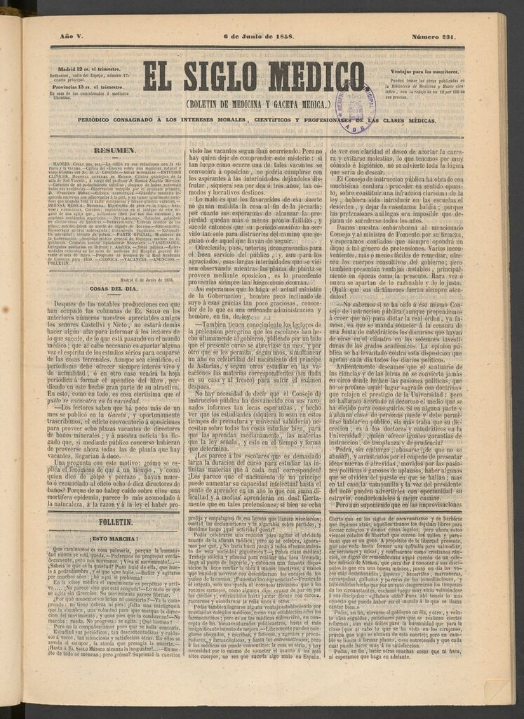 Miniatura de El Siglo Médico: boletín de medicina y gaceta médica del 6 de junio de 1858