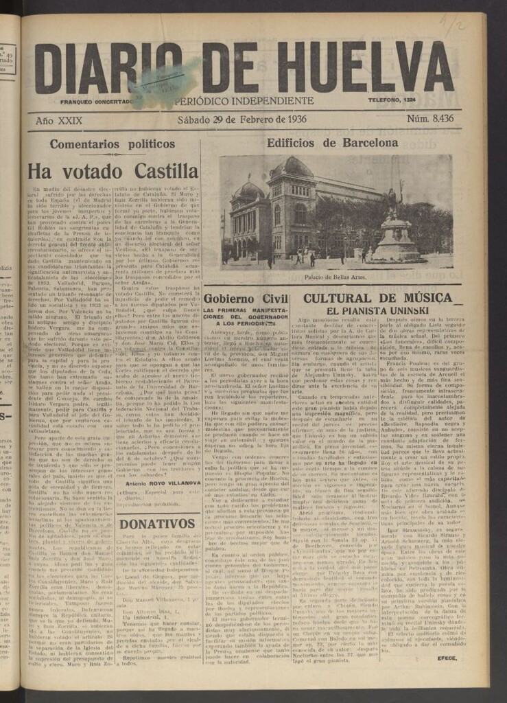 Miniatura de Diario de Huelva : periódico independiente del 29 de febrero de 1936