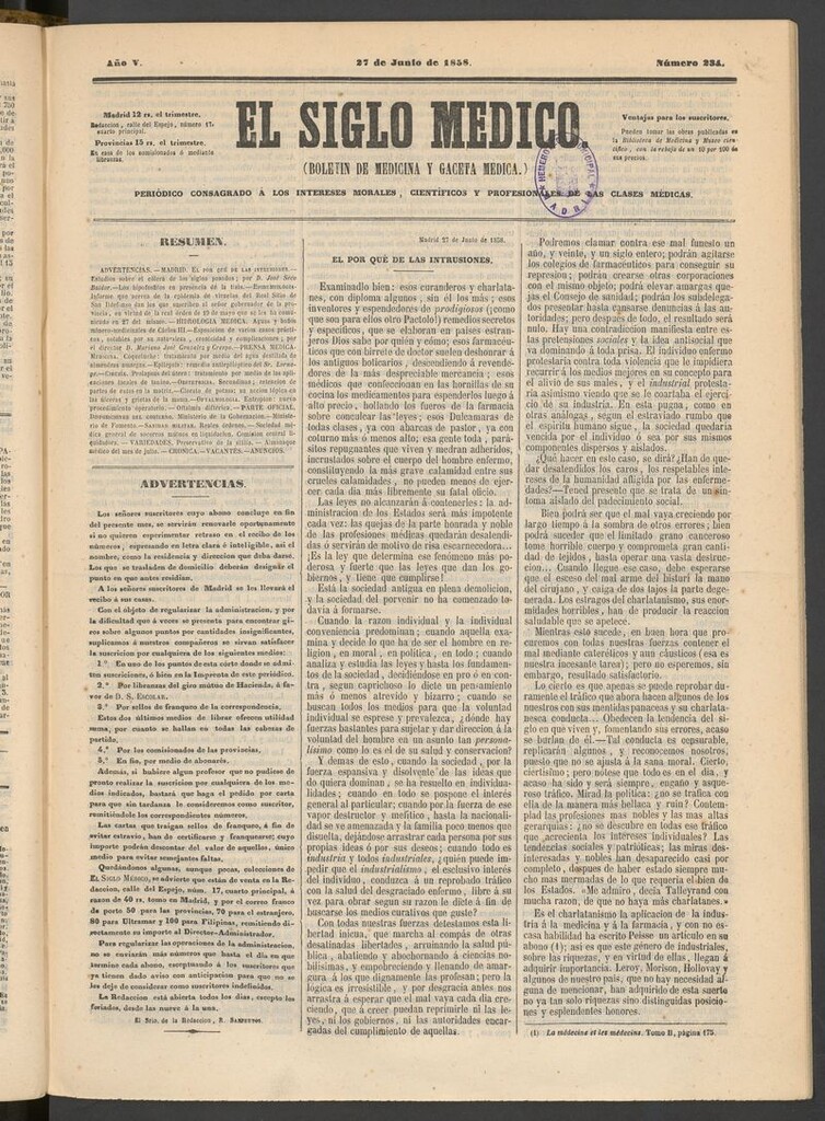Miniatura de El Siglo Médico: boletín de medicina y gaceta médica del 27 de junio de 1858