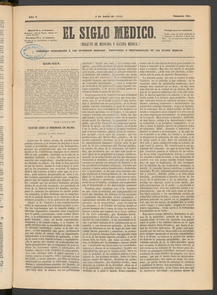 Miniatura de El Siglo Médico: boletín de medicina y gaceta médica del 4 de julio de 1858