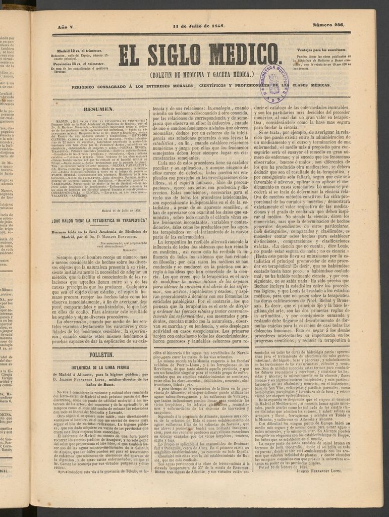 Miniatura de El Siglo Médico: boletín de medicina y gaceta médica del 11 de julio de 1858