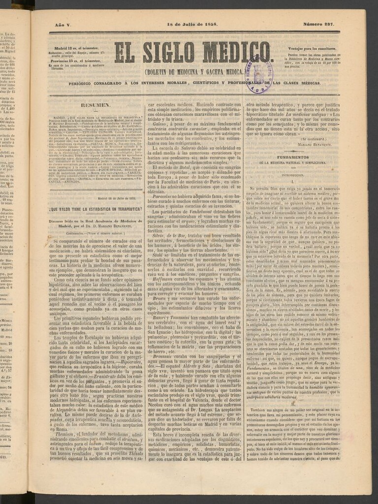 Miniatura de El Siglo Médico: boletín de medicina y gaceta médica del 18 de julio de 1858