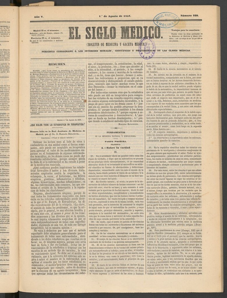 Miniatura de El Siglo Médico: boletín de medicina y gaceta médica del 1 de agosto de 1858