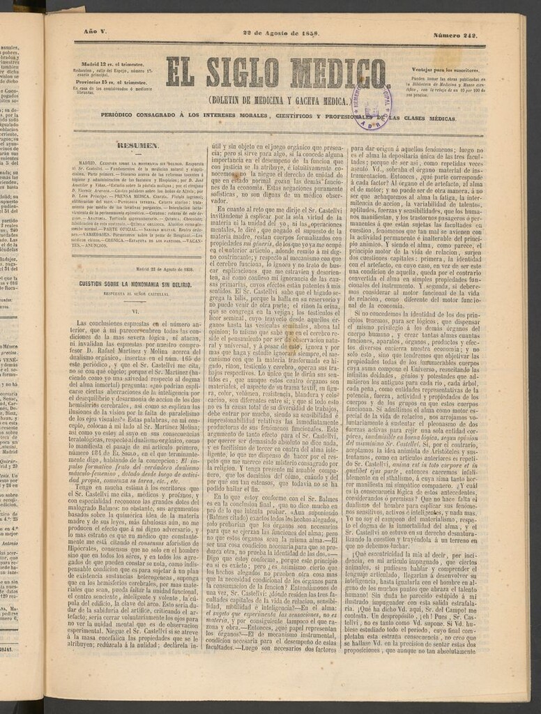 Miniatura de El Siglo Médico: boletín de medicina y gaceta médica del 22 de agosto de 1858