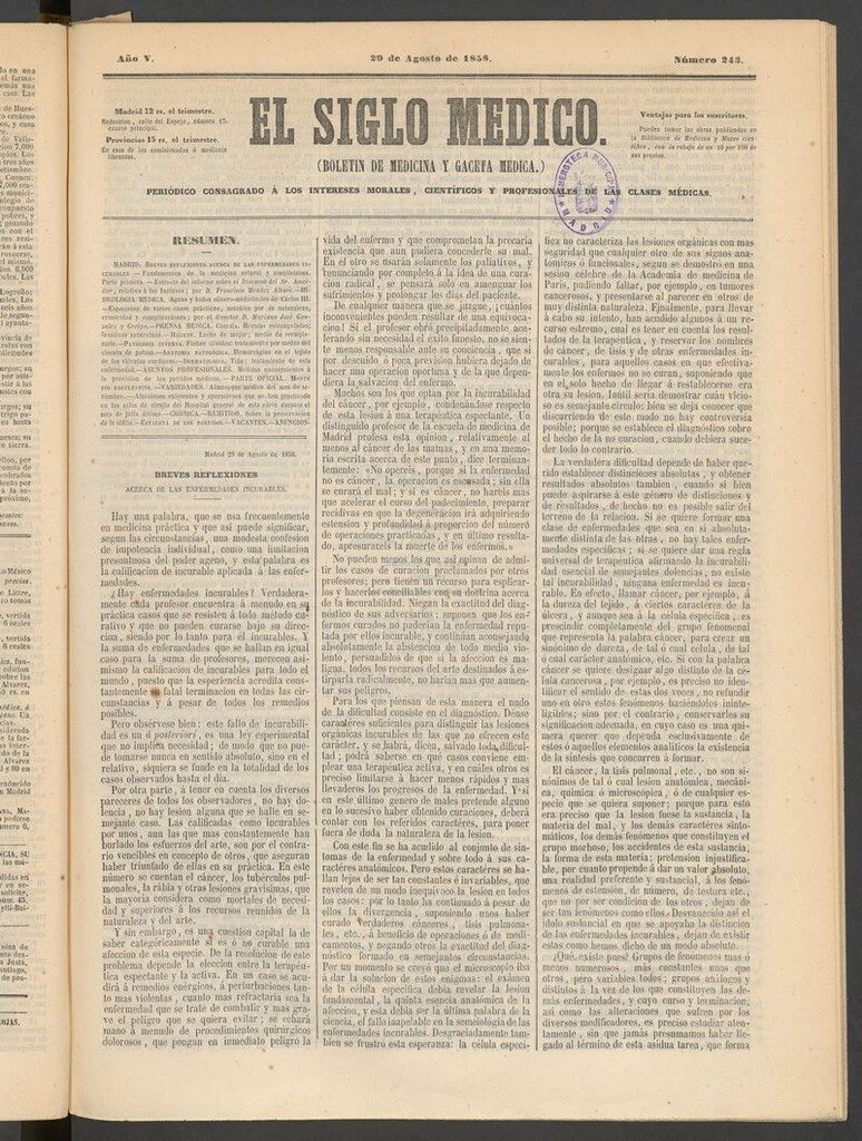Miniatura de El Siglo Médico: boletín de medicina y gaceta médica del 29 de agosto de 1858