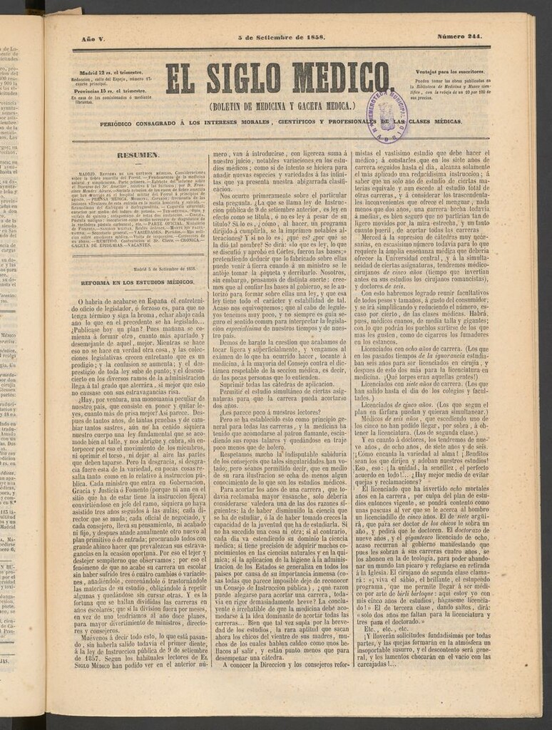 Miniatura de El Siglo Médico: boletín de medicina y gaceta médica del 5 de septiembre de 1858
