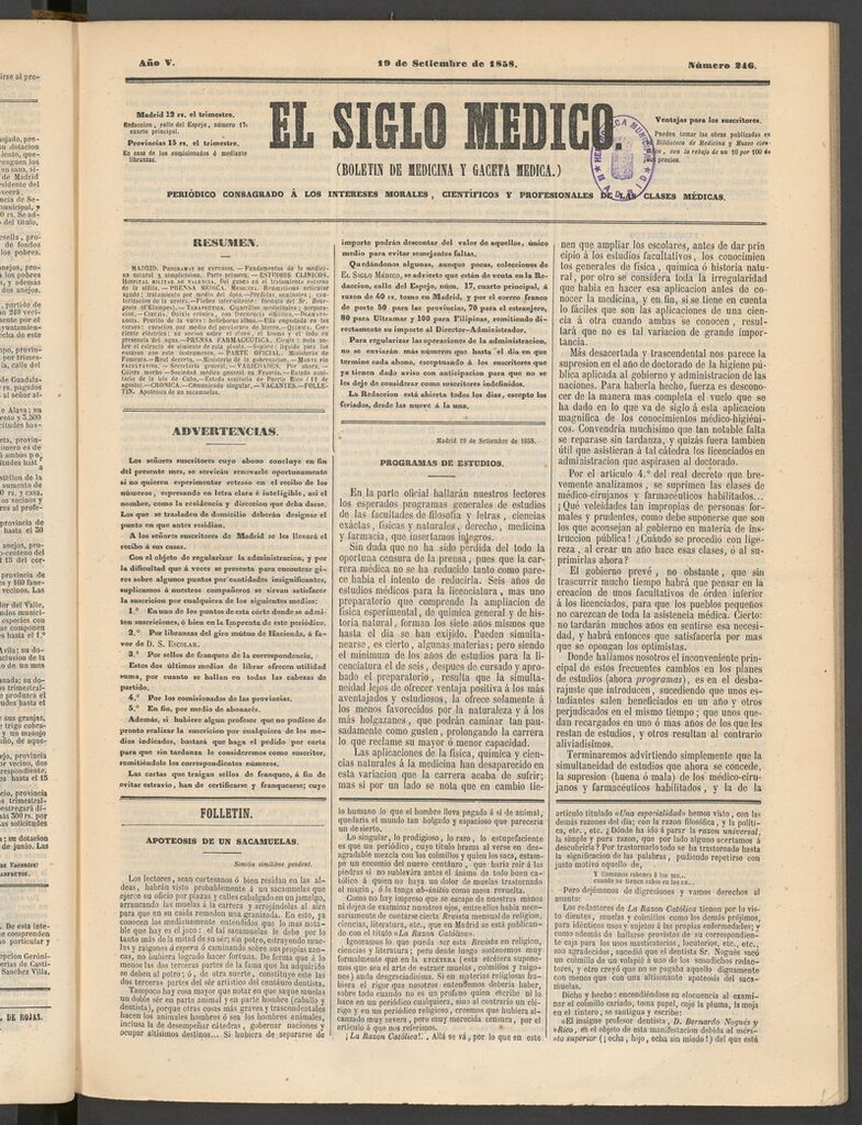 Miniatura de El Siglo Médico: boletín de medicina y gaceta médica del 19 de septiembre de 1858