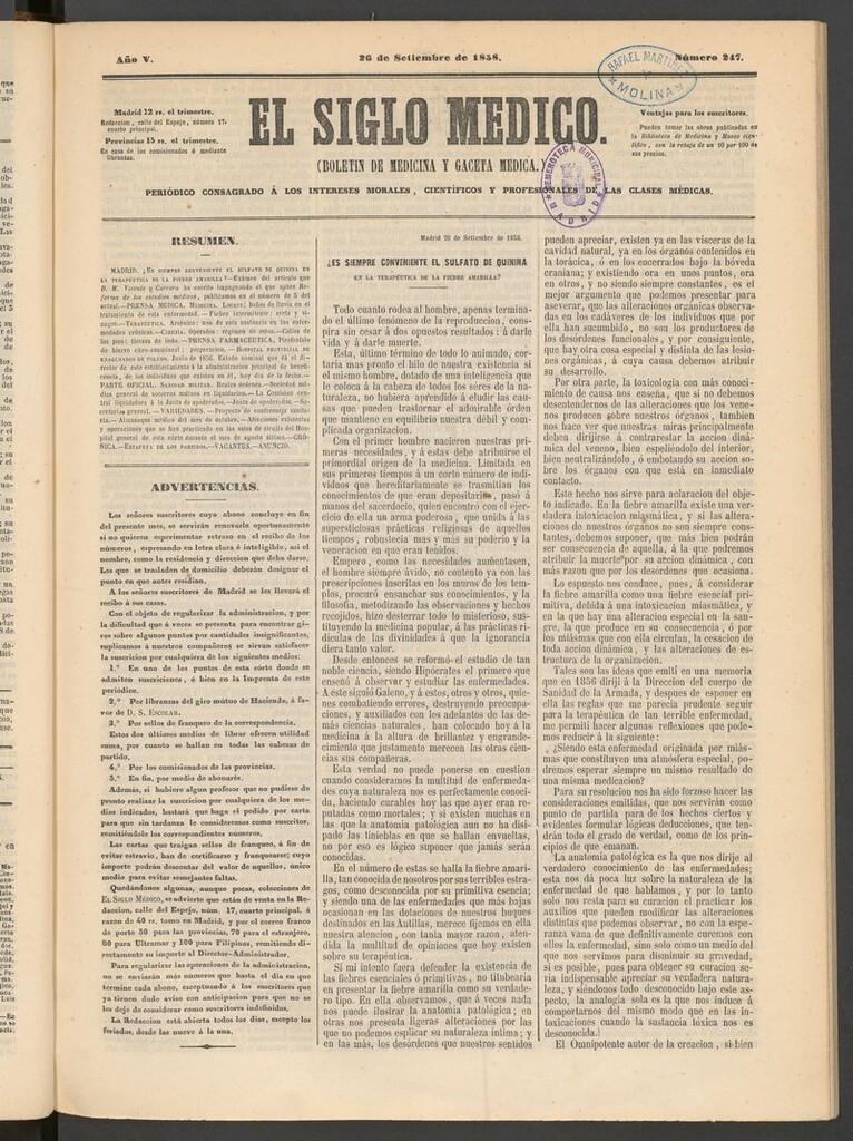 Miniatura de El Siglo Médico: boletín de medicina y gaceta médica del 26 de septiembre de 1858