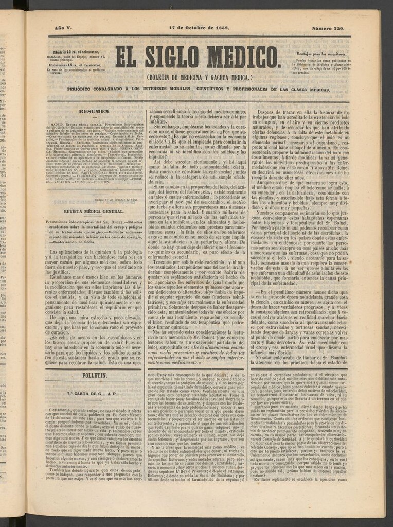Miniatura de El Siglo Médico: boletín de medicina y gaceta médica del 17 de octubre de 1858