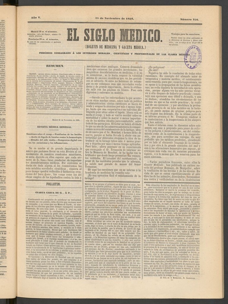 Miniatura de El Siglo Médico: boletín de medicina y gaceta médica del 28 de noviembre de 1858