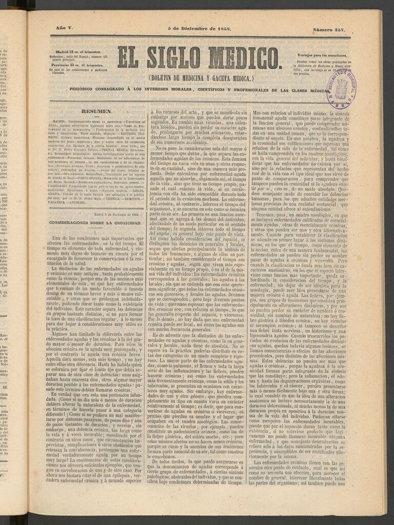 Miniatura de El Siglo Médico: boletín de medicina y gaceta médica del 5 de diciembre de 1858