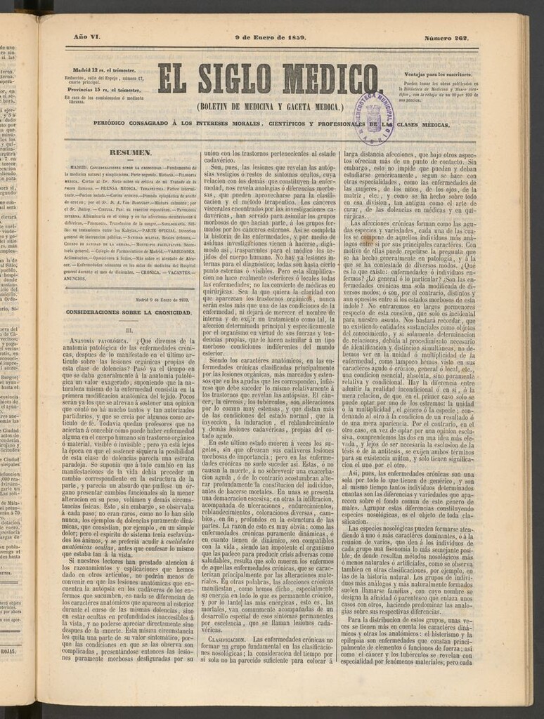Miniatura de El Siglo Médico: boletín de medicina y gaceta médica del 9 de enero de 1859
