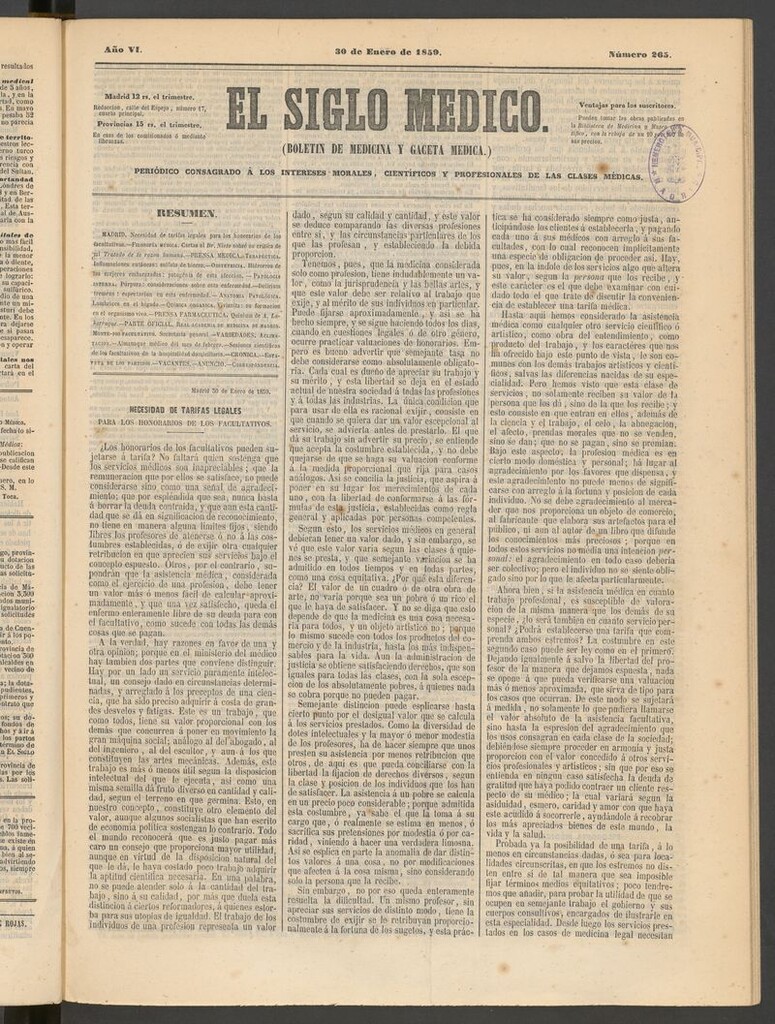 Miniatura de El Siglo Médico: boletín de medicina y gaceta médica del 30 de enero de 1859