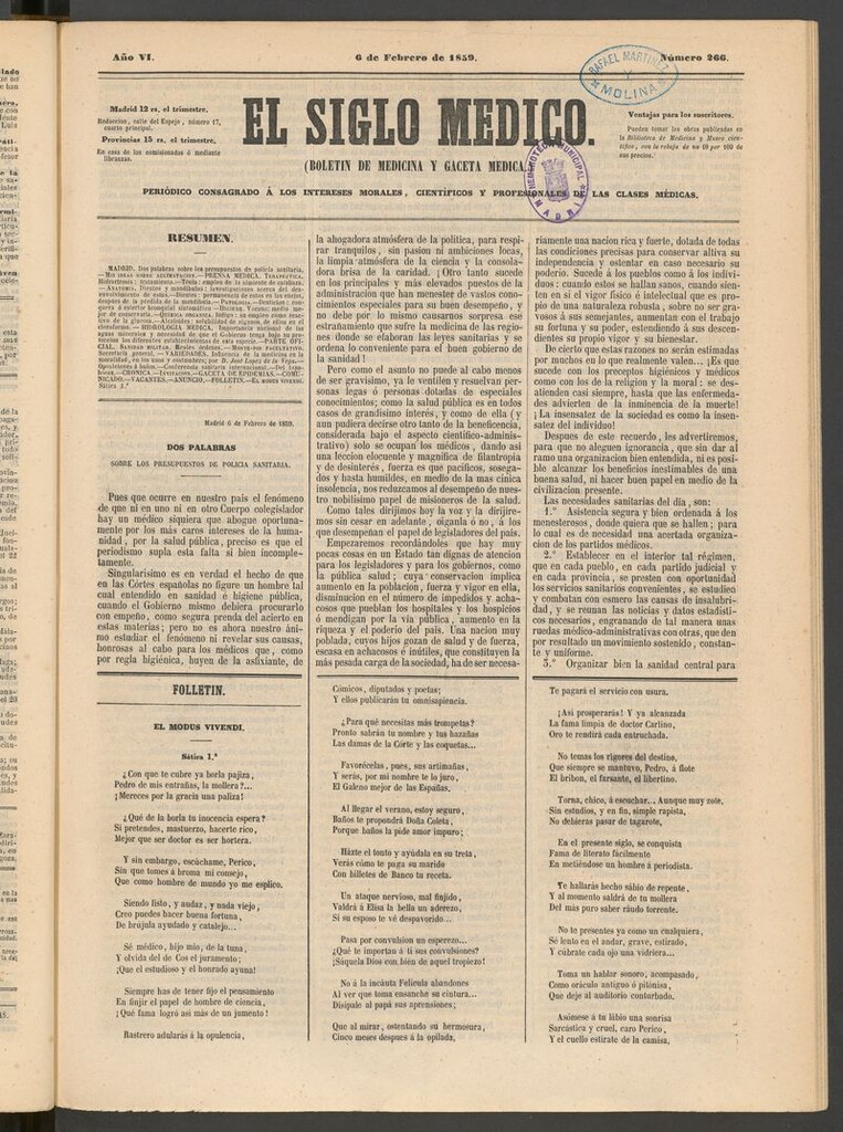 Miniatura de El Siglo Médico: boletín de medicina y gaceta médica del 6 de febrero de 1859