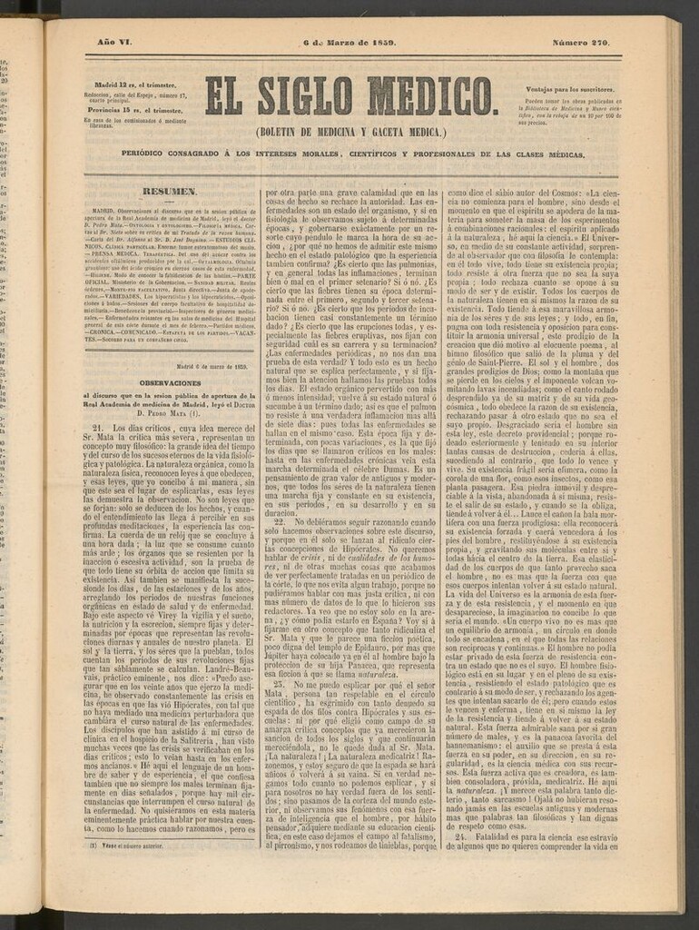 Miniatura de El Siglo Médico: boletín de medicina y gaceta médica del 6 de marzo de 1859