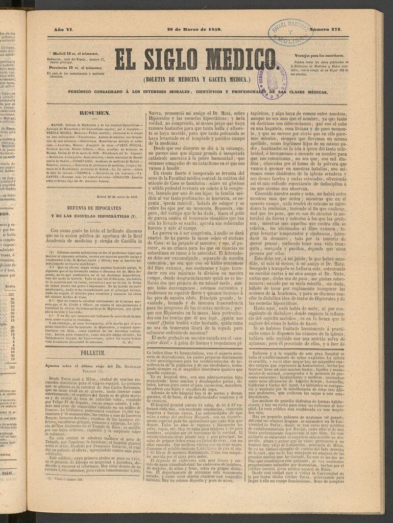 Miniatura de El Siglo Médico: boletín de medicina y gaceta médica del 20 de marzo de 1859