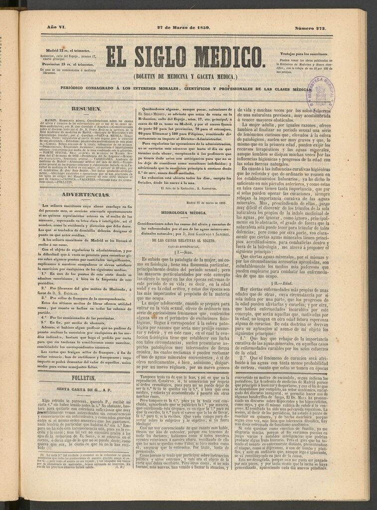 Miniatura de El Siglo Médico: boletín de medicina y gaceta médica del 27 de marzo de 1859
