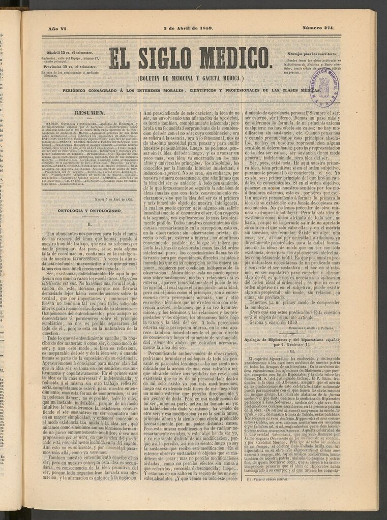 Miniatura de El Siglo Médico: boletín de medicina y gaceta médica del 3 de abril de 1859