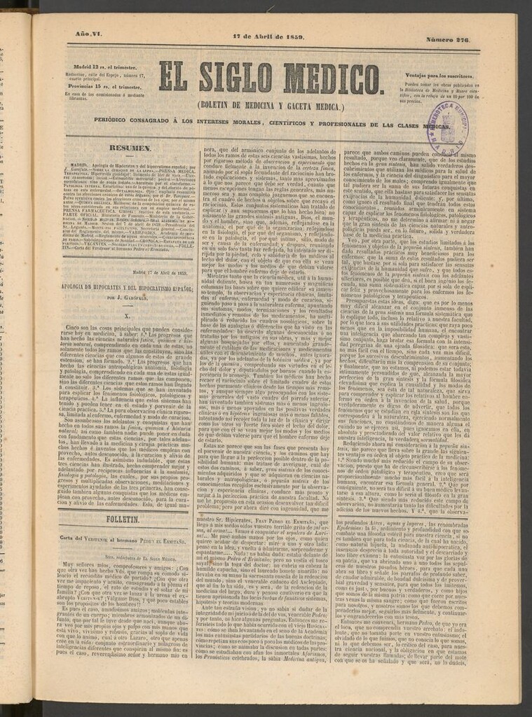Miniatura de El Siglo Médico: boletín de medicina y gaceta médica del 17 de abril de 1859