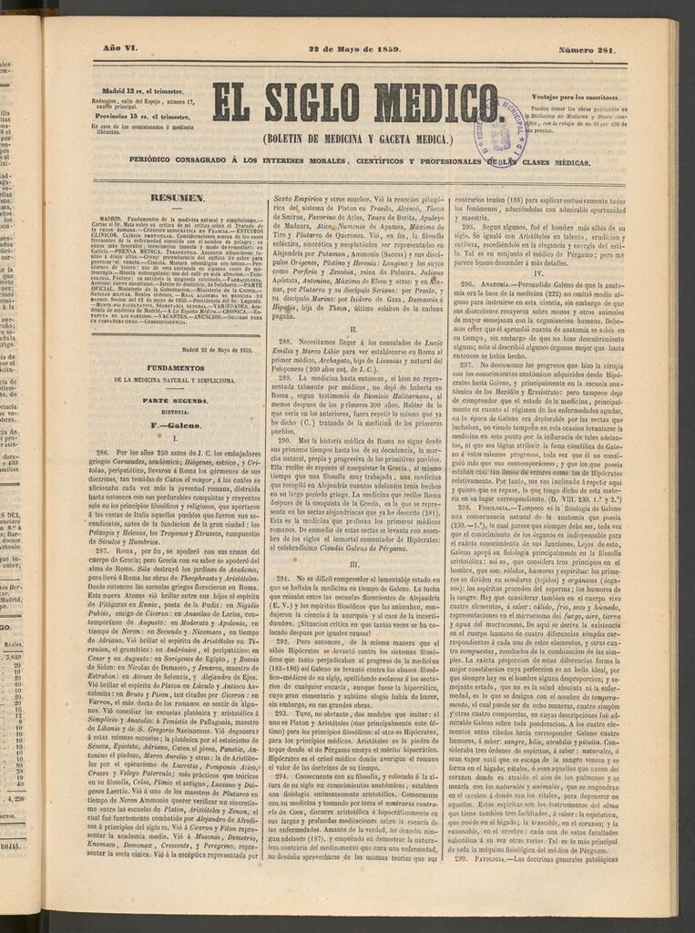Miniatura de El Siglo Médico: boletín de medicina y gaceta médica del 22 de mayo de 1859