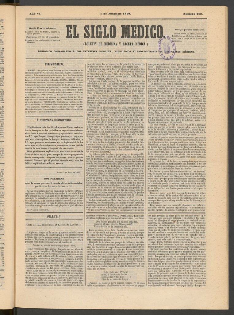 Miniatura de El Siglo Médico: boletín de medicina y gaceta médica del 5 de junio de 1859