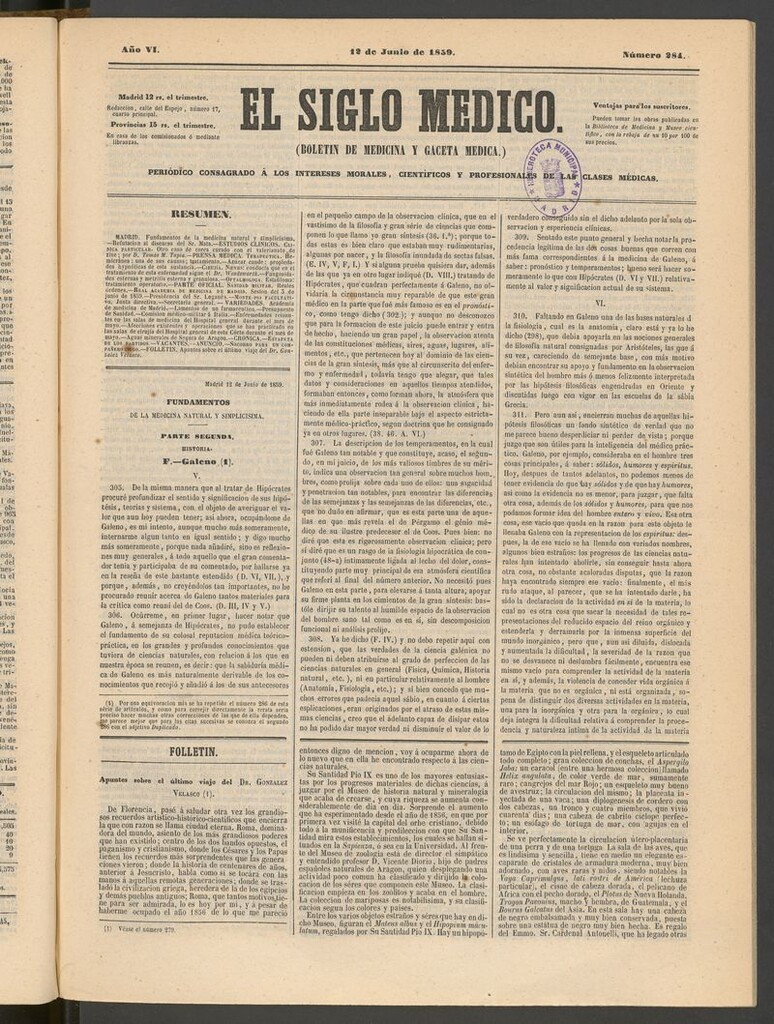 Miniatura de El Siglo Médico: boletín de medicina y gaceta médica del 12 de junio de 1859