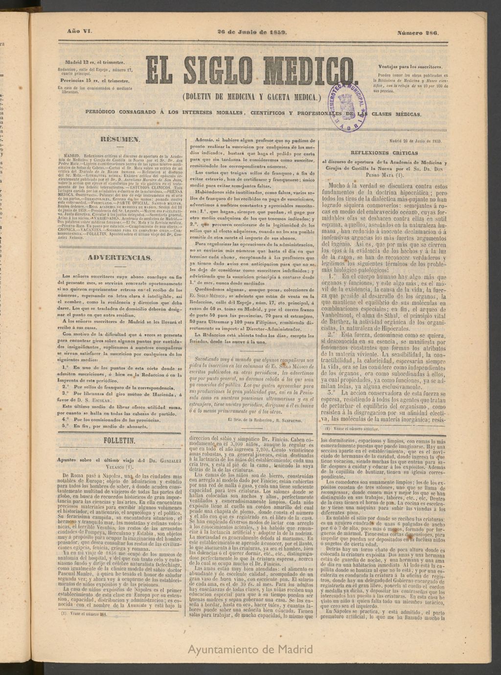 Miniatura de El Siglo Médico: boletín de medicina y gaceta médica del 26 de junio de 1859