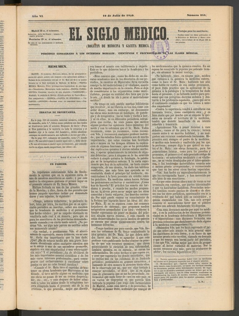 Miniatura de El Siglo Médico: boletín de medicina y gaceta médica del 10 de julio de 1859