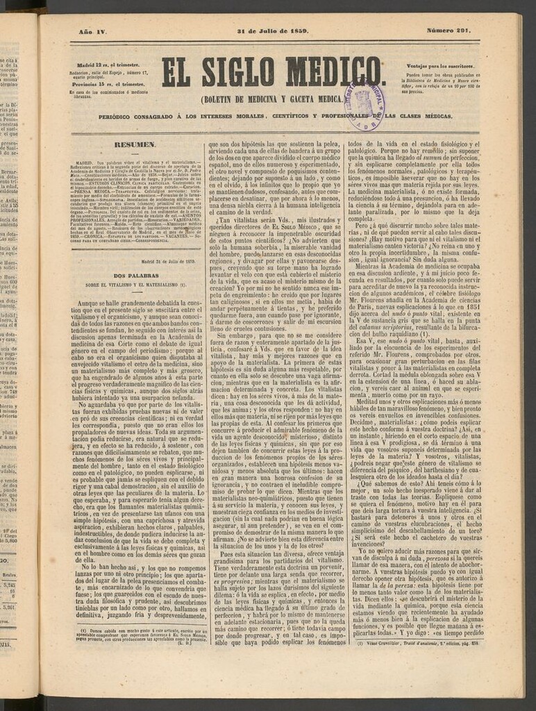 Miniatura de El Siglo Médico: boletín de medicina y gaceta médica del 31 de julio de 1859