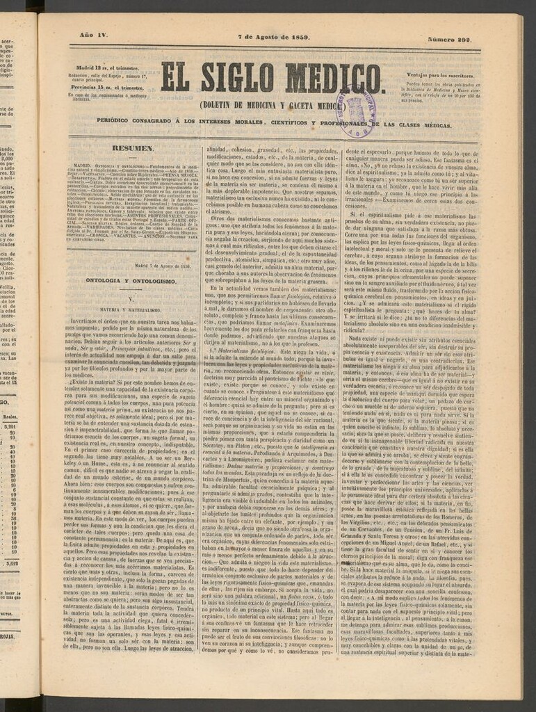 Miniatura de El Siglo Médico: boletín de medicina y gaceta médica del 7 de agosto de 1859