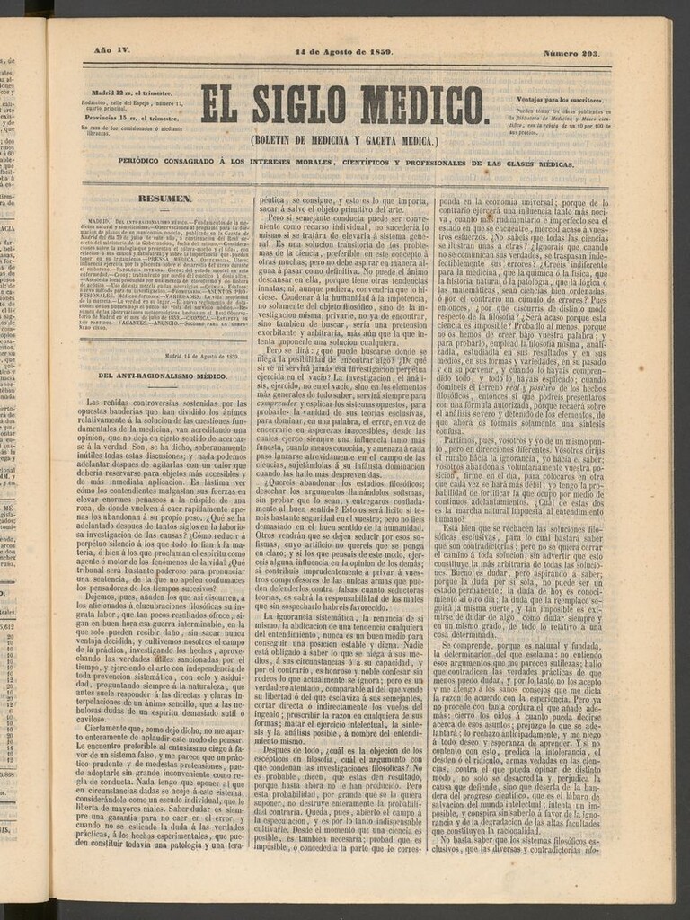 Miniatura de El Siglo Médico: boletín de medicina y gaceta médica del 14 de agosto de 1859