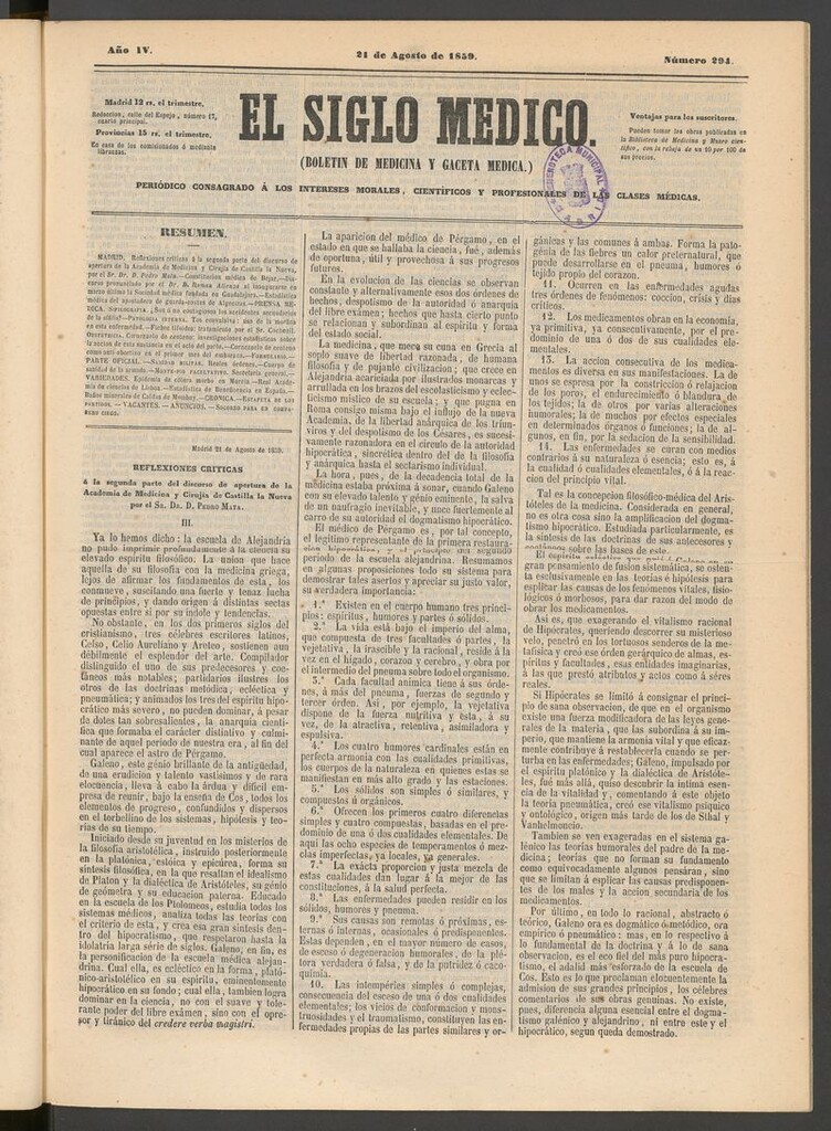 Miniatura de El Siglo Médico: boletín de medicina y gaceta médica del 21 de agosto de 1859