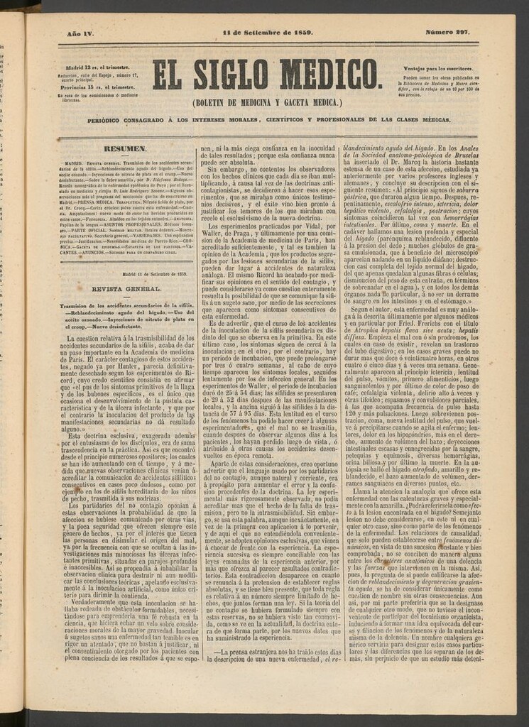 Miniatura de El Siglo Médico: boletín de medicina y gaceta médica del 11 de septiembre de 1859