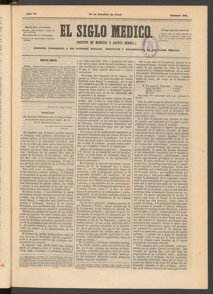 Miniatura de El Siglo Médico: boletín de medicina y gaceta médica del 30 de octubre de 1859