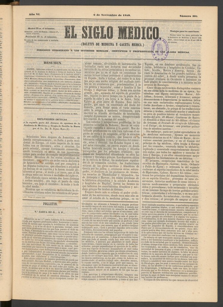 Miniatura de El Siglo Médico: boletín de medicina y gaceta médica del 6 de noviembre de 1859