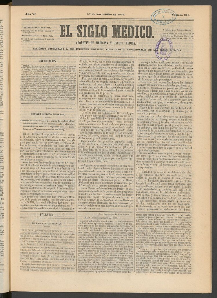 Miniatura de El Siglo Médico: boletín de medicina y gaceta médica del 27 de noviembre de 1859