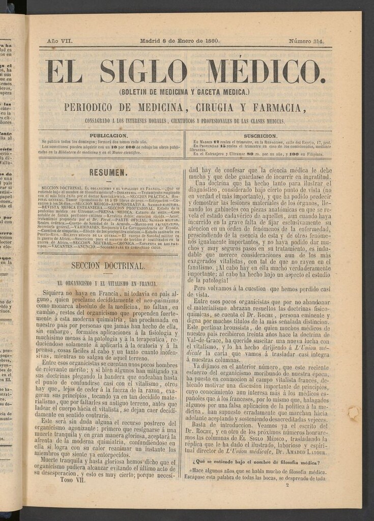 Miniatura de El Siglo Médico: boletín de medicina y gaceta médica del 8 de enero de 1860