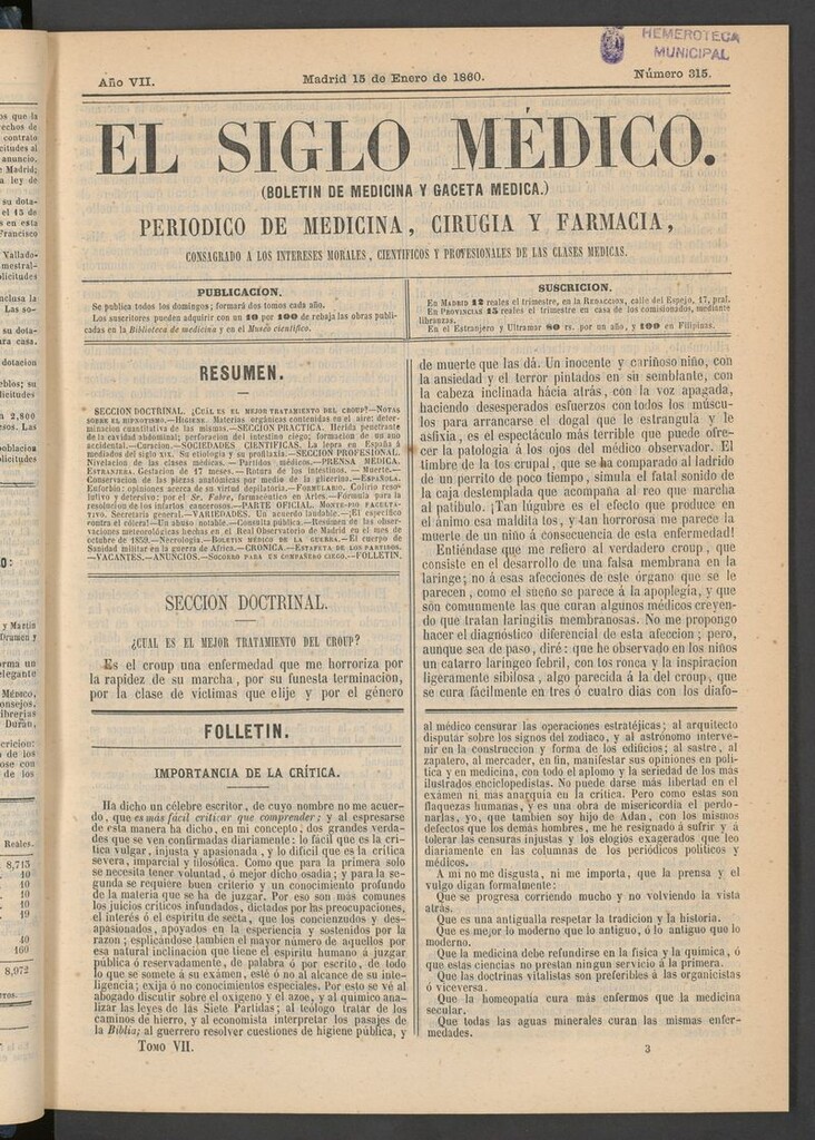 Miniatura de El Siglo Médico: boletín de medicina y gaceta médica del 15 de enero de 1860