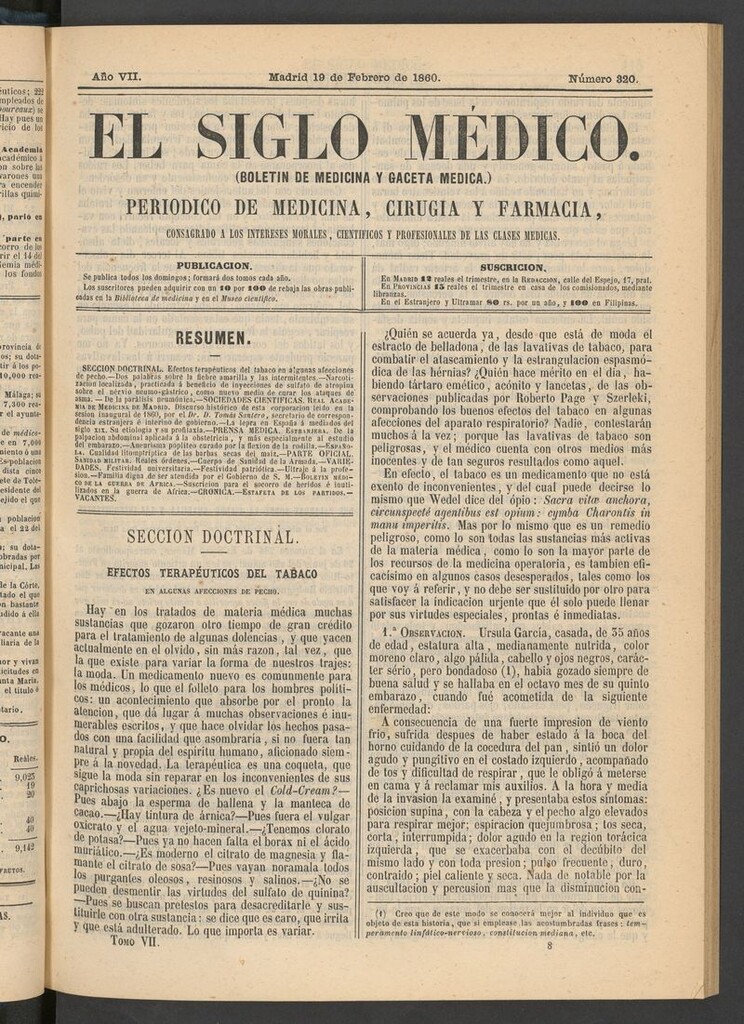 Miniatura de El Siglo Médico: boletín de medicina y gaceta médica del 19 de febrero de 1860