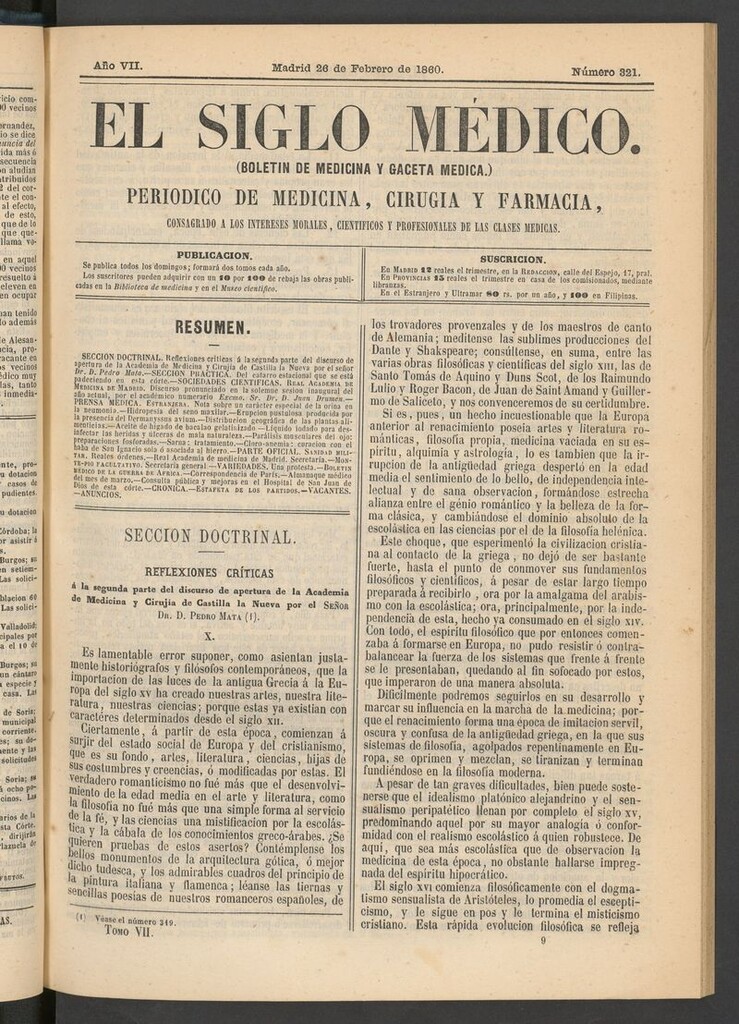 Miniatura de El Siglo Médico: boletín de medicina y gaceta médica del 26 de febrero de 1860