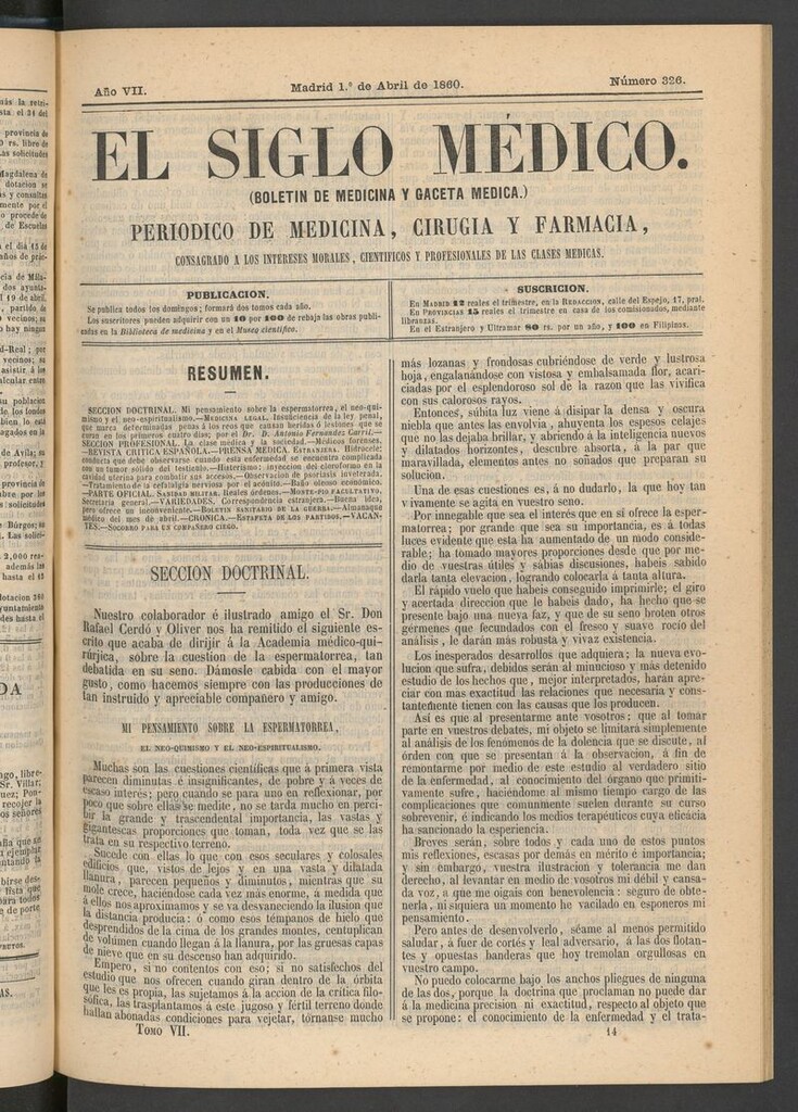 Miniatura de El Siglo Médico: boletín de medicina y gaceta médica del 1 de abril de 1860