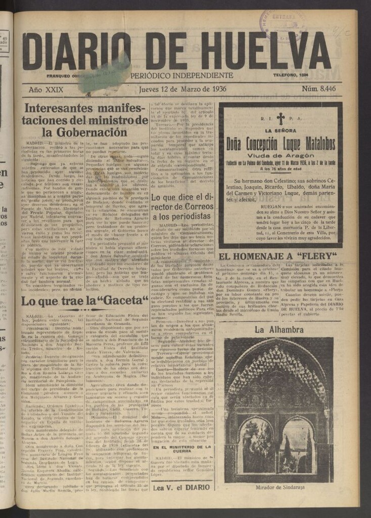 Miniatura de Diario de Huelva : periódico independiente del 12 de marzo de 1936