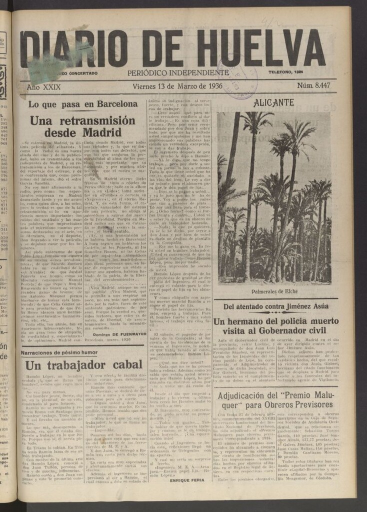Miniatura de Diario de Huelva : periódico independiente del 13 de marzo de 1936