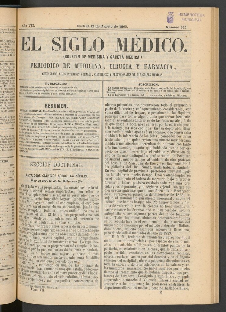 Miniatura de El Siglo Médico: boletín de medicina y gaceta médica del 12 de agosto de 1860