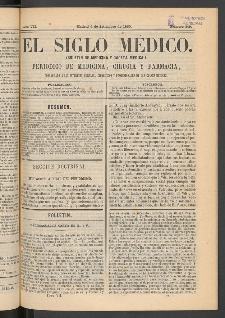 Miniatura de El Siglo Médico: boletín de medicina y gaceta médica del 9 de septiembre de 1860