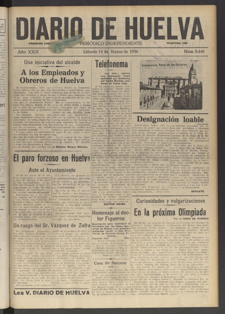 Miniatura de Diario de Huelva : periódico independiente del 14 de marzo de 1936
