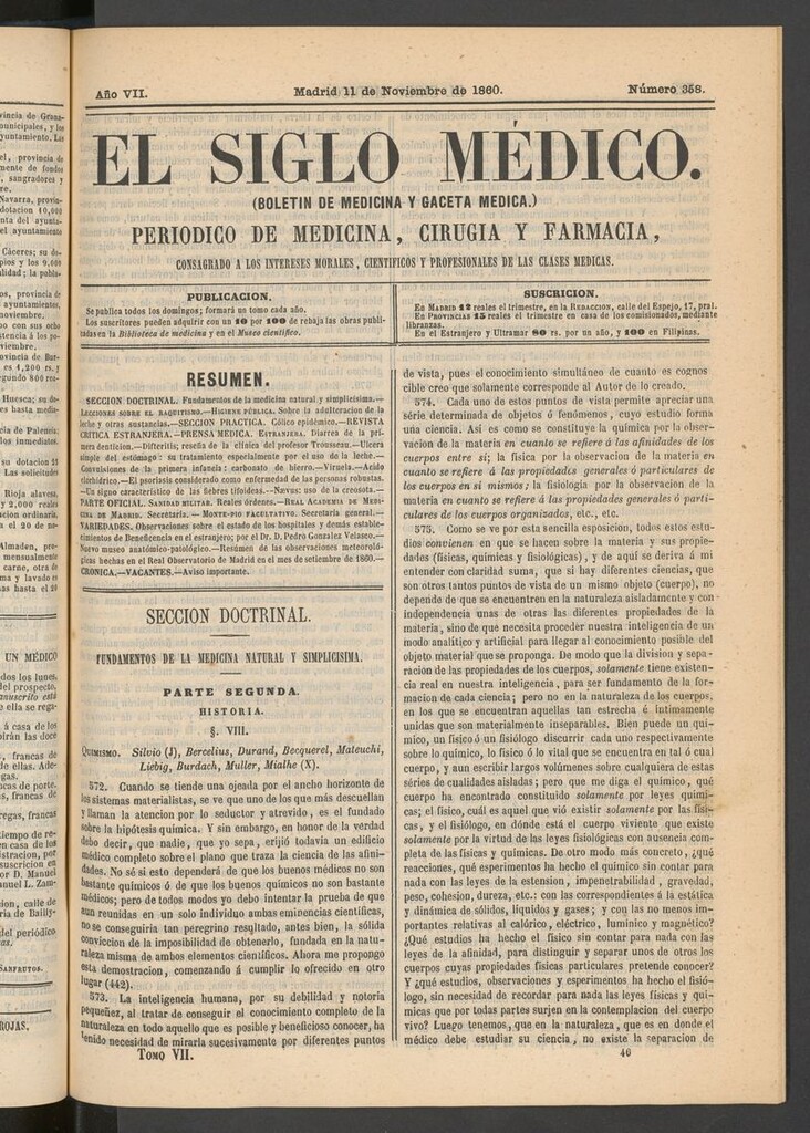 Miniatura de El Siglo Médico: boletín de medicina y gaceta médica del 11 de noviembre de 1860