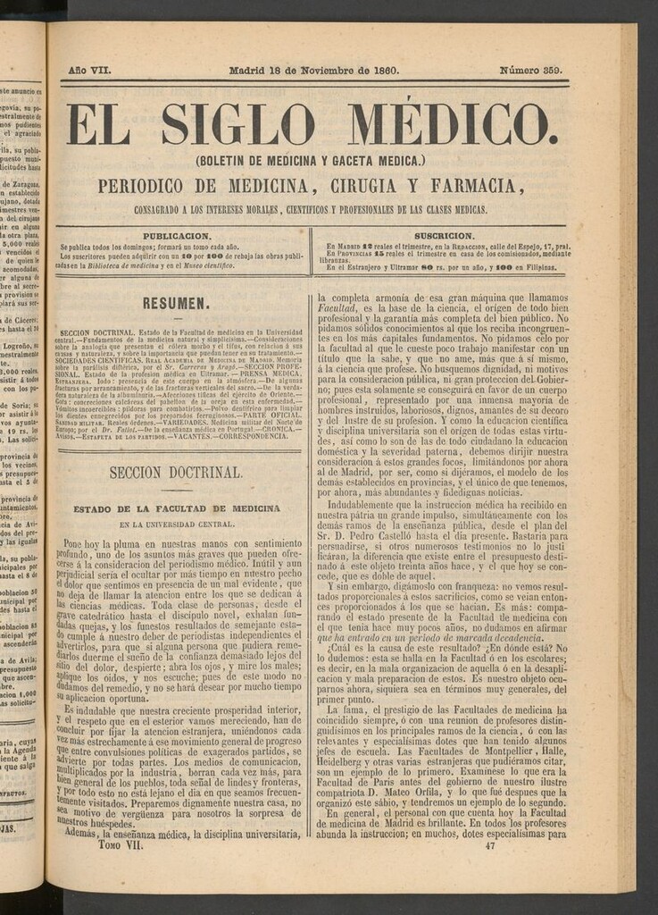 Miniatura de El Siglo Médico: boletín de medicina y gaceta médica del 18 de noviembre de 1860